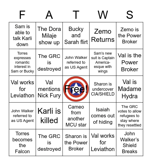 Falcon and the Winter Soldier Bingo Card