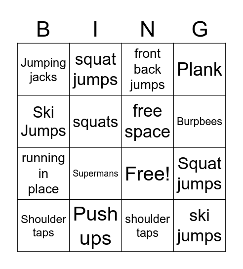 Fitness bing Bingo Card