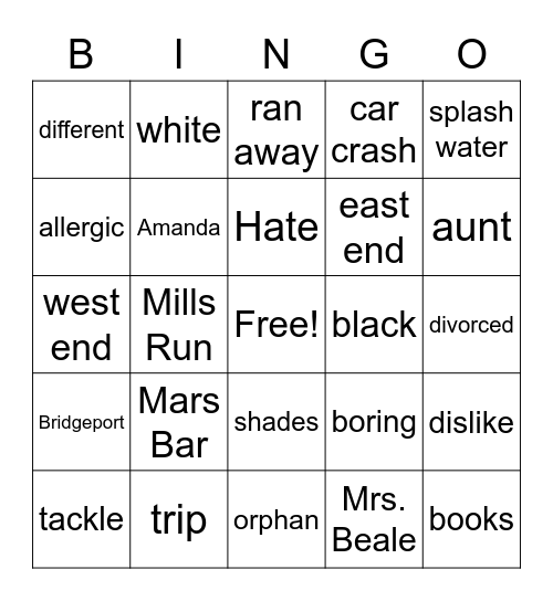 Maniac Magee chapter 16 Bingo Card