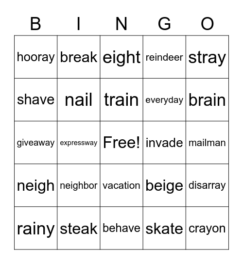 phonics a sound (/ay/, /ai/, /a-e/ /eigh/,/ea/,/ei/, /ei/ Bingo Card