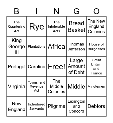 Colonies and American Revolution Bingo Card