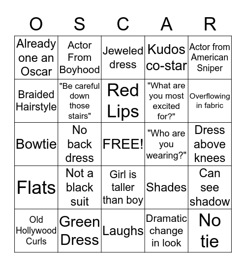 Oscar Red Carpet Bingo  Bingo Card