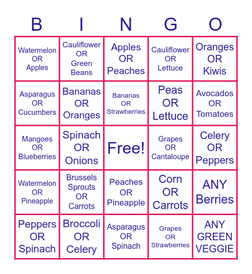 June Challenge - Fruit and Veggie Bingo! Bingo Card