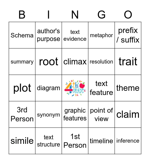 4th Grade Reading Vocab Bingo Card