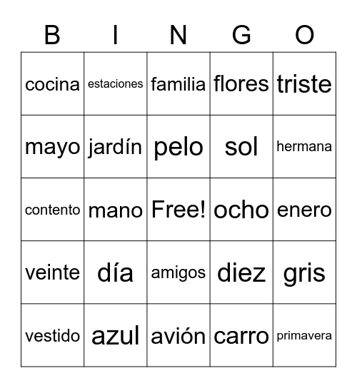 Spanish I Vocabulary Review Bingo Card