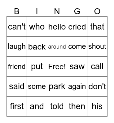 Sight Words Bingo Card