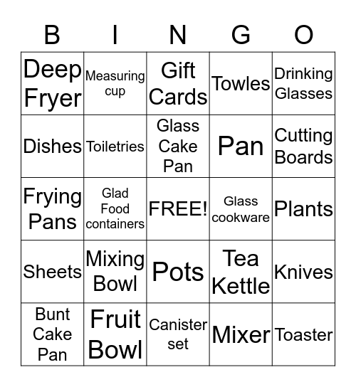 House Warming Bingo Card