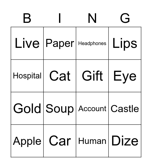Word vocabulary Bingo Card