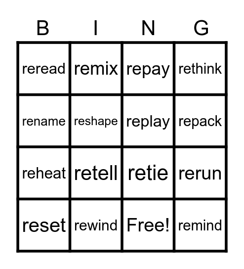 Prefix Bingo: "re" Bingo Card