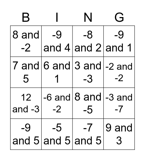 Factors Bingo Card