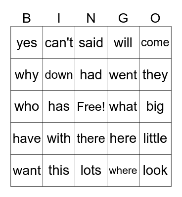 Sight Words Bingo Card