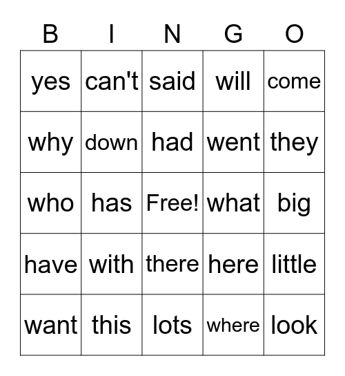 Sight Words Bingo Card