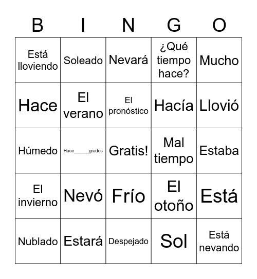 La Clima / El Tiempo Bingo Card