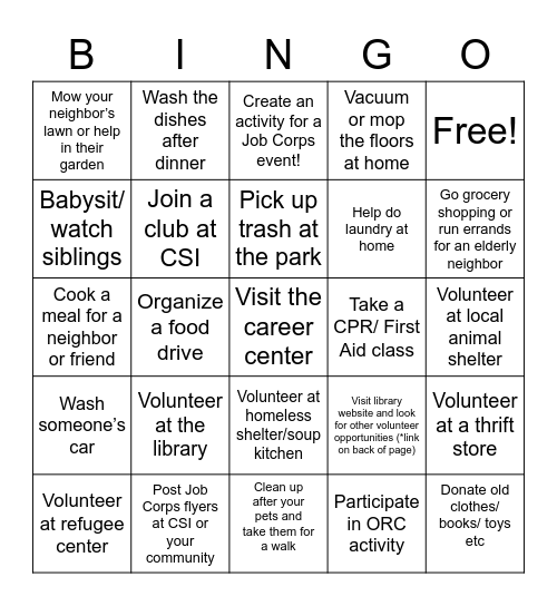 Service Learning BINGO! Bingo Card