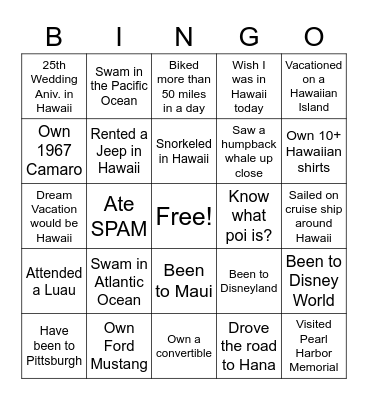 CADCA - Hawaiian Day Bingo Card