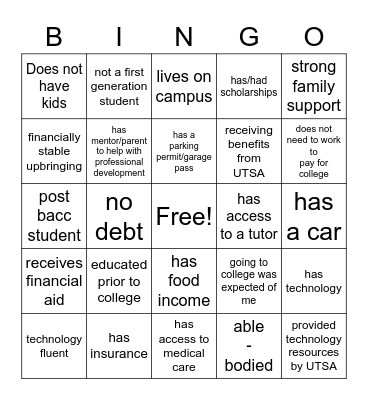 College Privilege Bingo Card