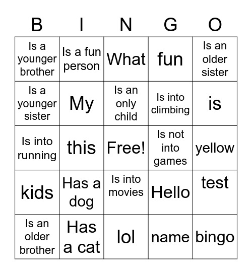 Test Bingo Card