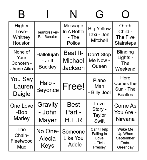 Musical Bingo Card