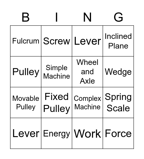 Simple Machines Bingo Card