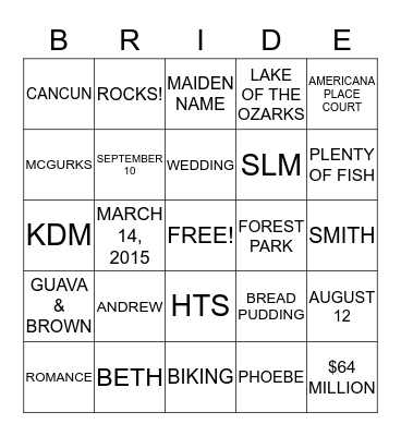 bride Bingo Card
