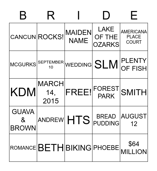 bride Bingo Card
