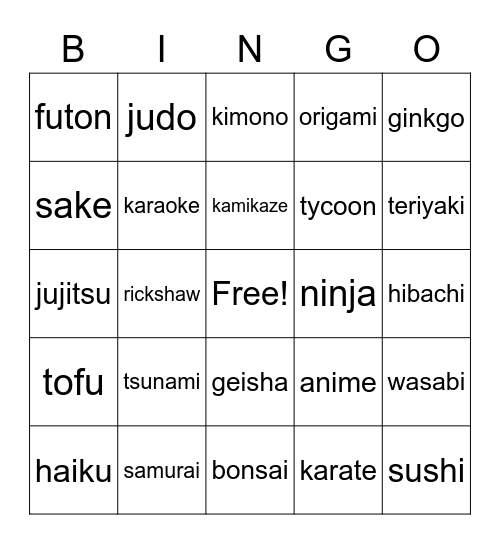 Japanese Bingo Card