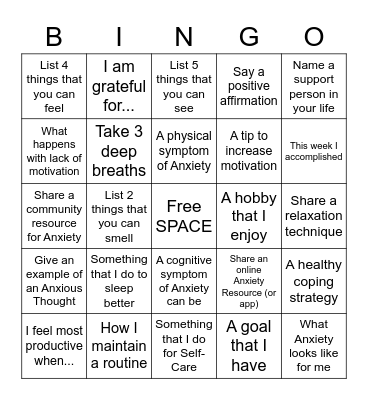 ANXIETY BINGO Card