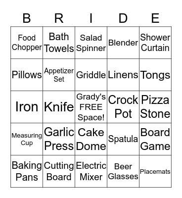 Bridal Shower Gift Bingo Card