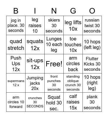 Ms. Wade's Fitness Bingo Card