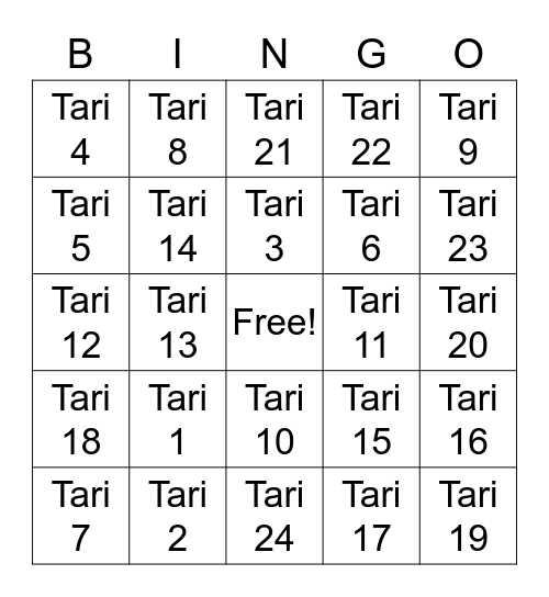 Tari Bingo Card