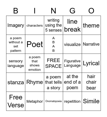 Poetry Bingo Card