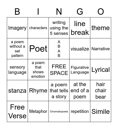 Poetry Bingo Card