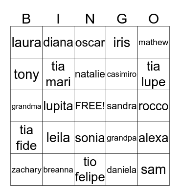 family bingo Card