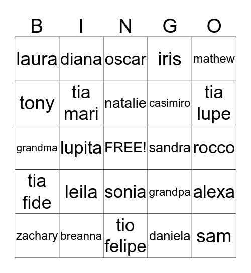 family bingo Card
