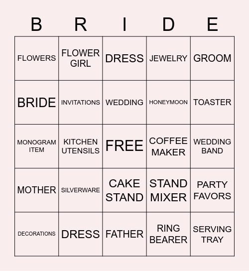 Bridal Shower Bingo Card