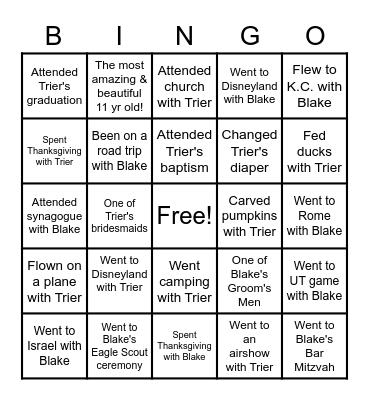 Memories with Blake and Trier Bingo Card
