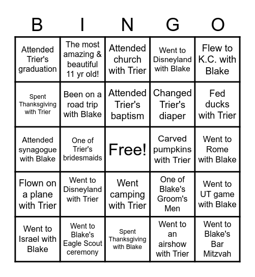 Memories with Blake and Trier Bingo Card