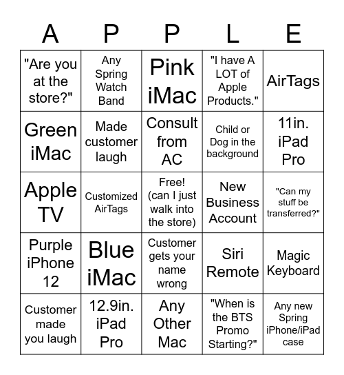 Apple Bingo Card