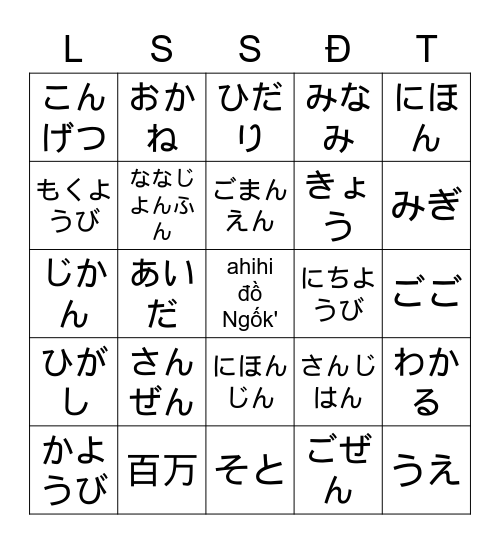Lô tô Kanji bài 3 - Chưa tới 6h30 thì chưa bik ai giàu hơn ai đâu!! Bingo Card