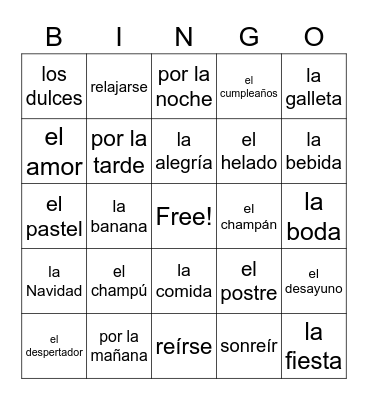 Spanish Vocabulary Bingo Card