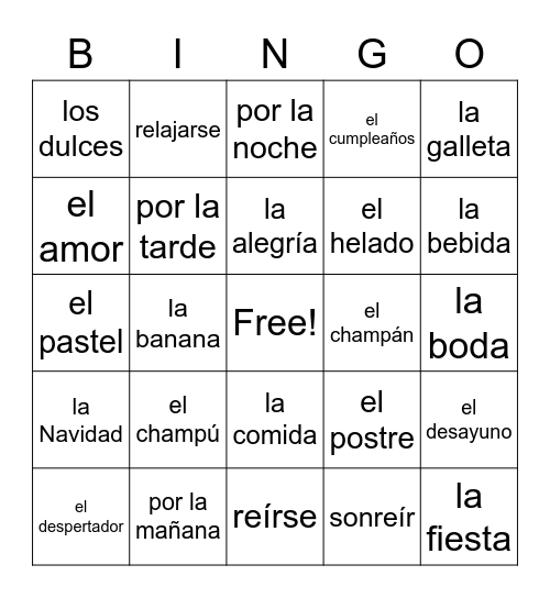 Spanish Vocabulary Bingo Card