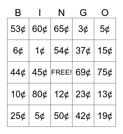 Money Bingo  Bingo Card