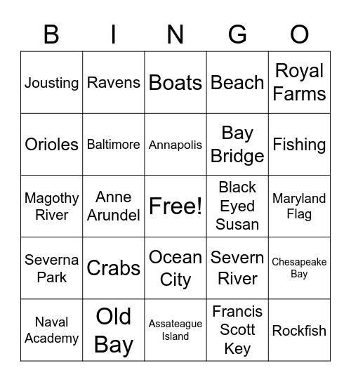 Maryland Bingo! Bingo Card