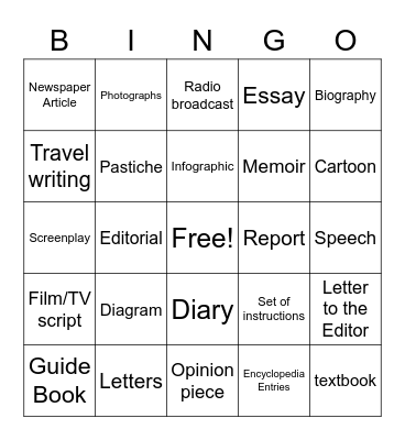 Lang/ Lit Text Type Bingo Card