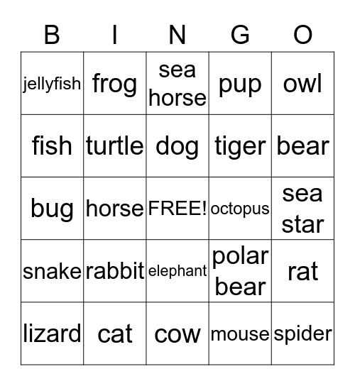 Can you find the animal?  Bingo Card
