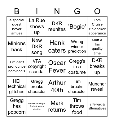 8th ANNUAL ON CINEMA OSCAR SPECIAL Bingo Card