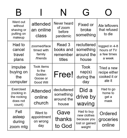 Pandemic Bingo Card