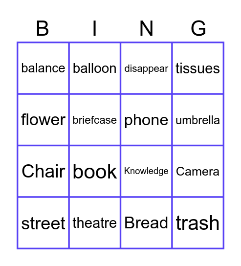 Vocabulary Bingo Card