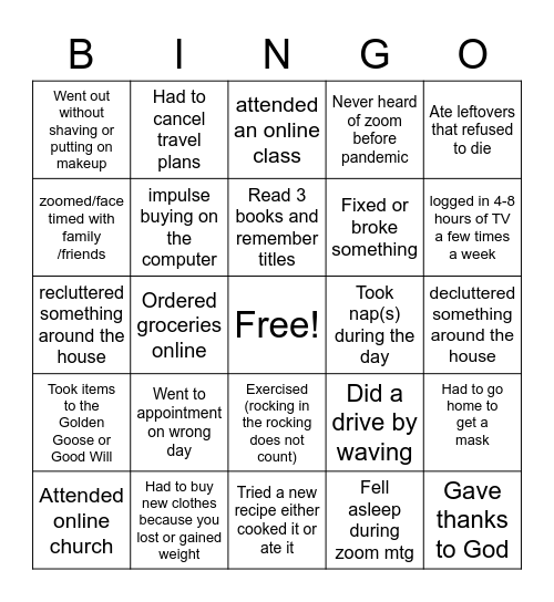 Pandemic Bingo Card