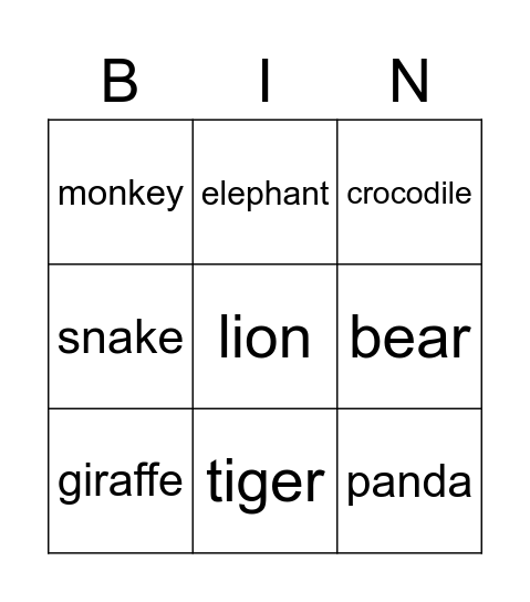 Zoo Animals Bingo Card